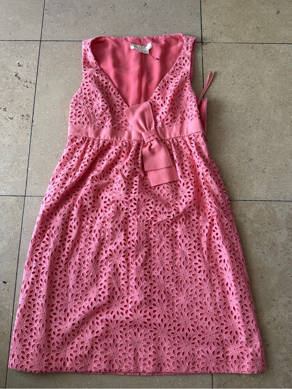 Michael Kors Collection Pink Eyelet Bow V‑Neck Midi Dress